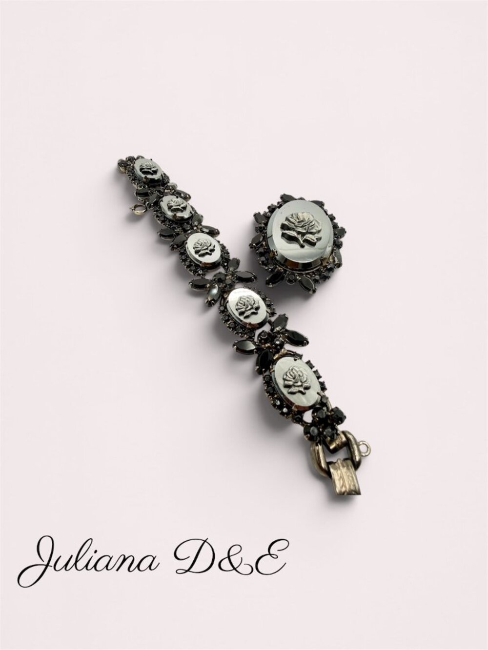 JULIANA D&E hematite rose cameo demi parure bracelet brooch/pendant combo